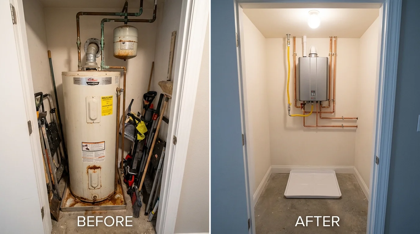 Tank water heater versus wall-mounted tankless unit comparison for Liberty, NC homeowners