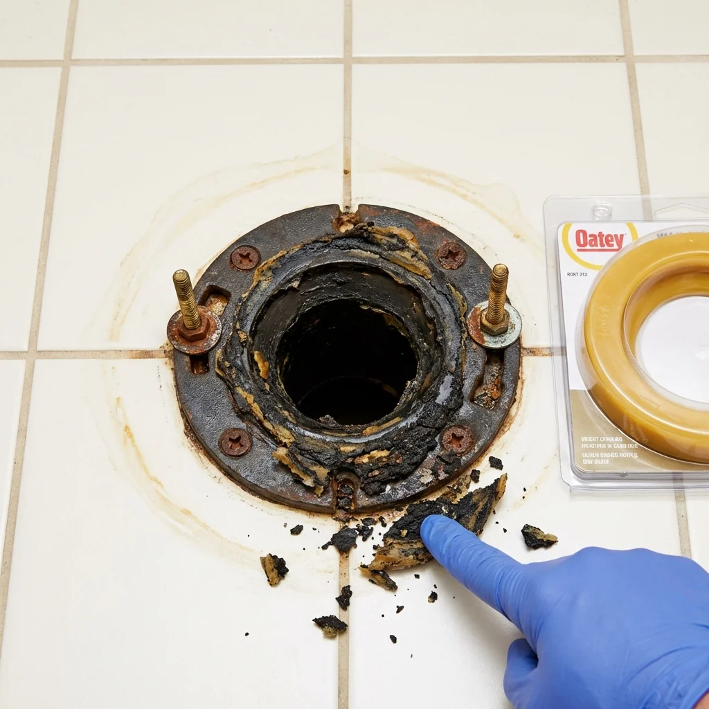 Failed wax ring showing water seepage at the base of a toilet in a Liberty, NC home
